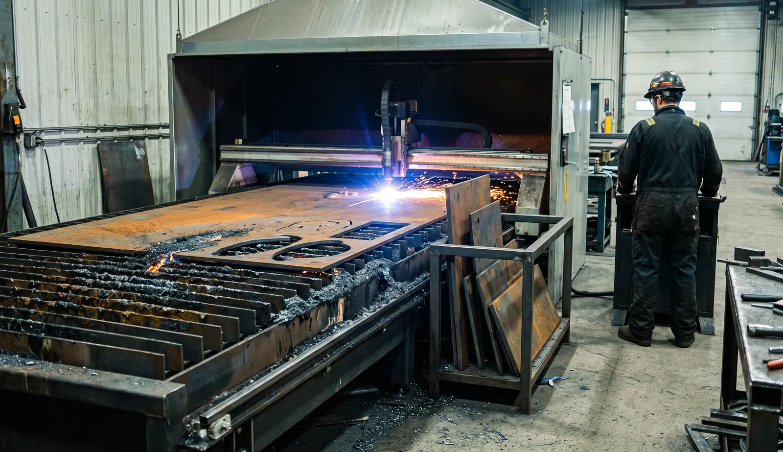 Découpe plasma d'une plaque d'acier épaisse sous hotte d'aspiration, opérateur de dos au poste de commande